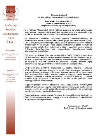 Stanowisko Prezydium KRASP w sprawie aktualnej sytuacji społecznej