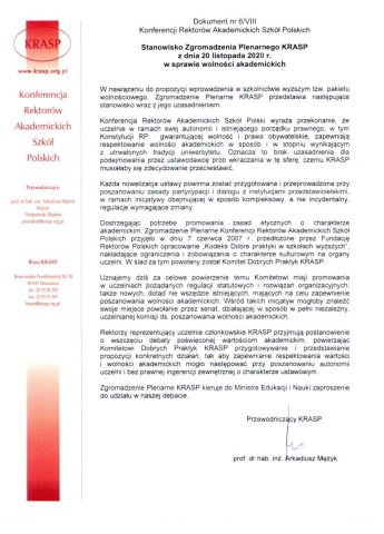 Stanowisko Zgromadzenia Plenarnego KRASP w sprawie wolności akademickich